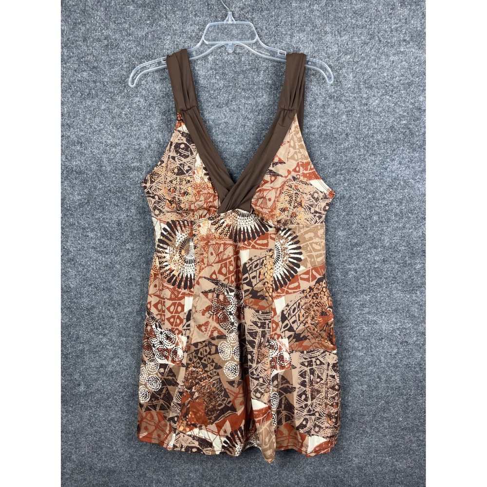 Islander Swimsuit Women 16 Brown Geometric Print V-Neck Swimdress Excellent